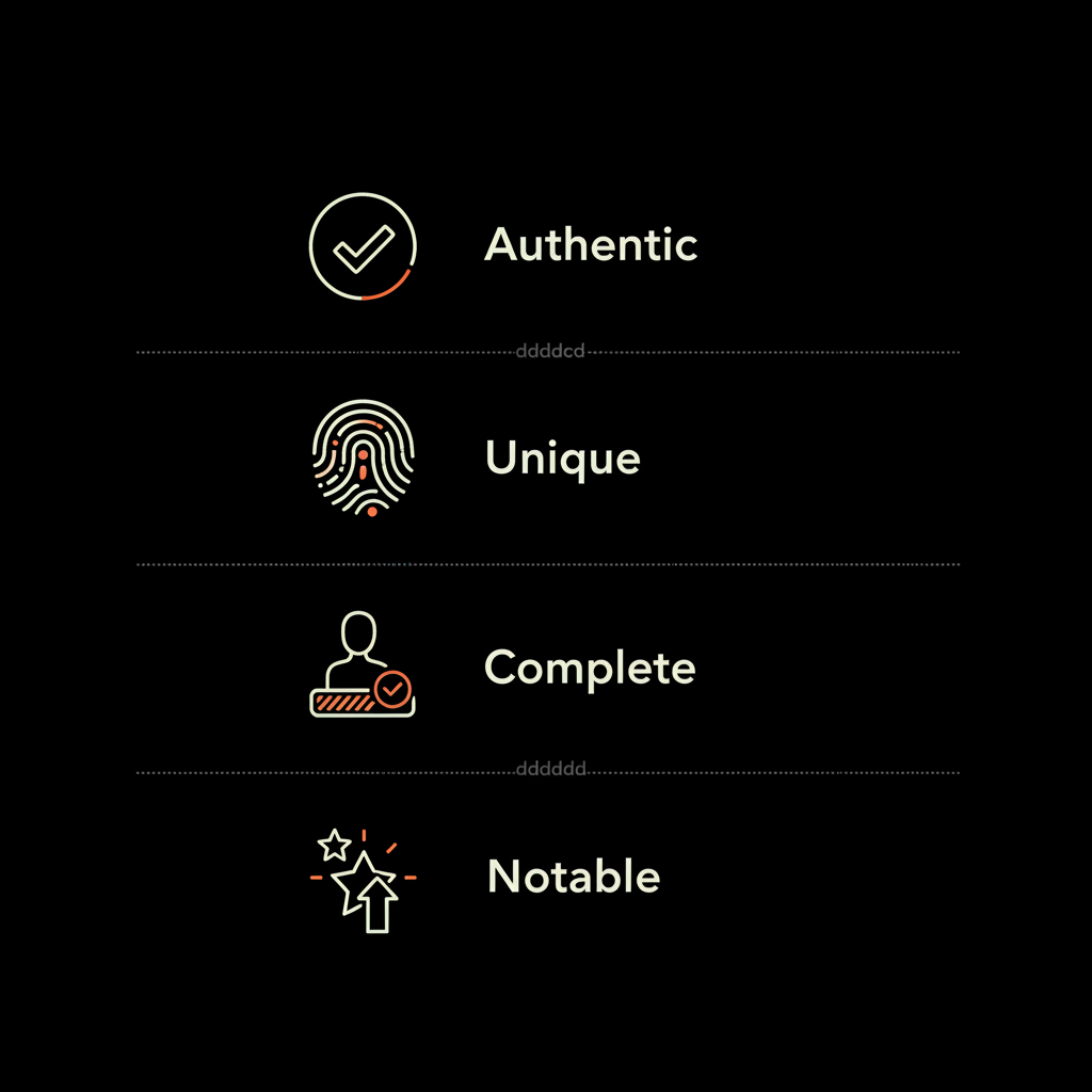 Minimal vector infographic showing four Instagram verification criteria (Authentic, Unique, Complete, Notable) with simple icons on a black background using Social Success Hub brand colors.