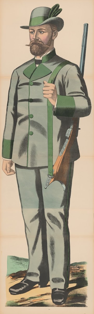 Man in light green suit and Tyrolean hat holding a rifle over his shoulder 1906