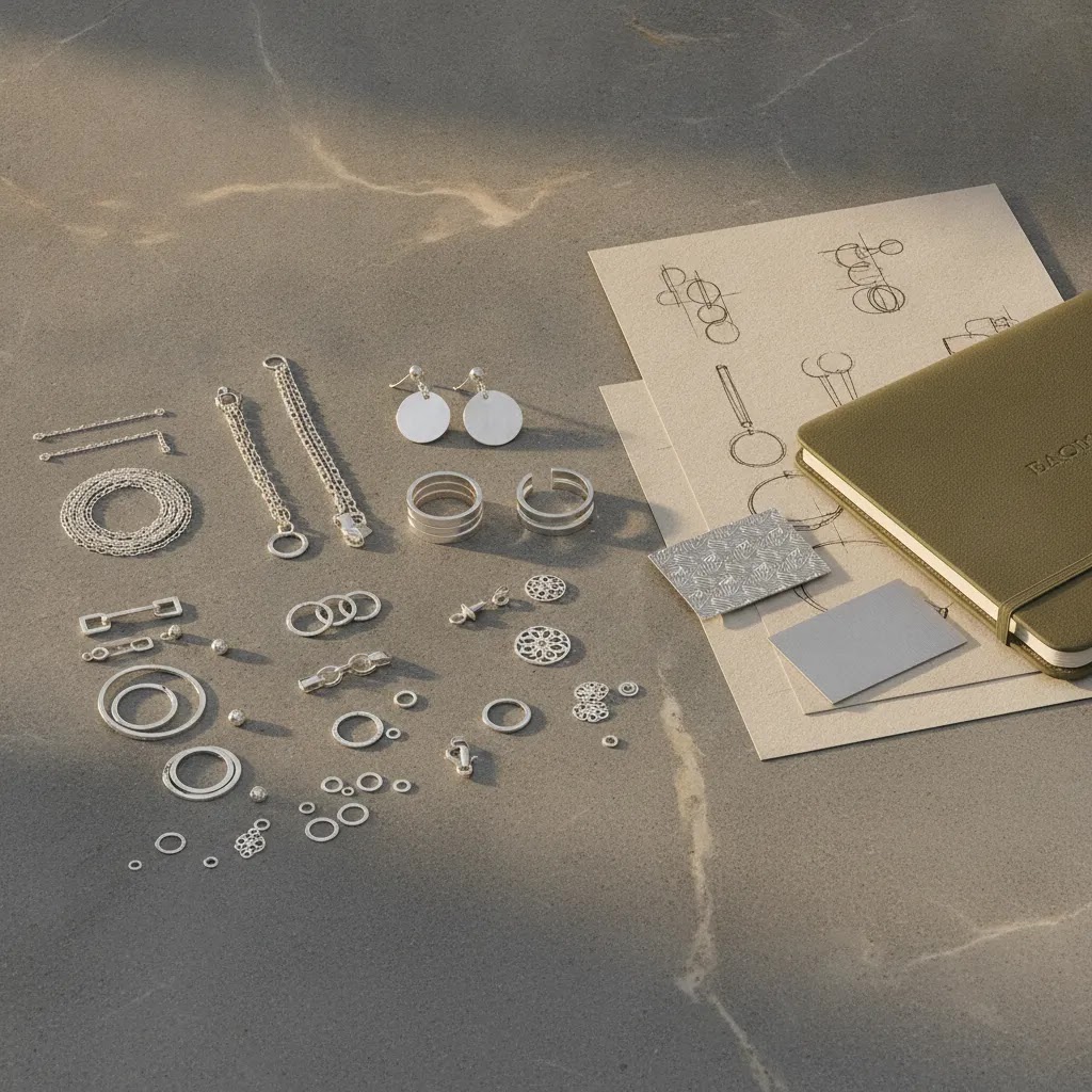 Royi Sal Jewelry and sustainability ecofriendly and recycled sterling silver shown with premium 925 sterling silver jewelry samples and B2B design planning materials