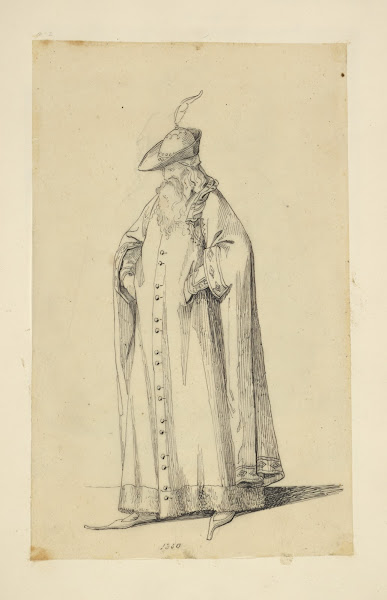 Man with beard in long cape hat with plume and pointed shoes 1840