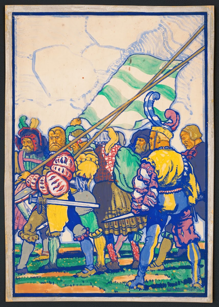 Graphic designs for Scribners Magazine cover Medieval Festival theme Colored dra