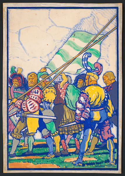 Graphic designs for Scribners Magazine cover Medieval Festival theme Colored dra