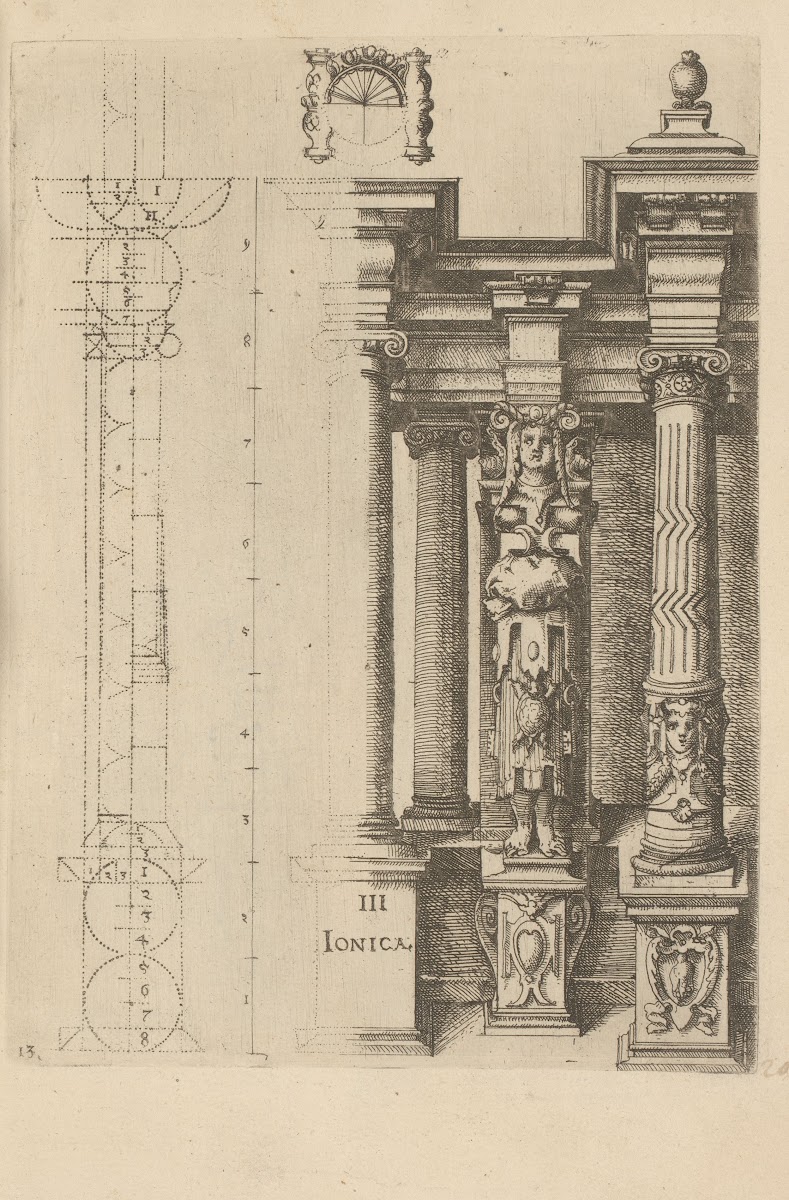 Proportions of the Ionic column order with a caryatid as a pilaster between two