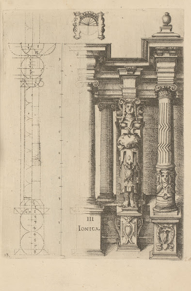Proportions of the Ionic column order with a caryatid as a pilaster between two