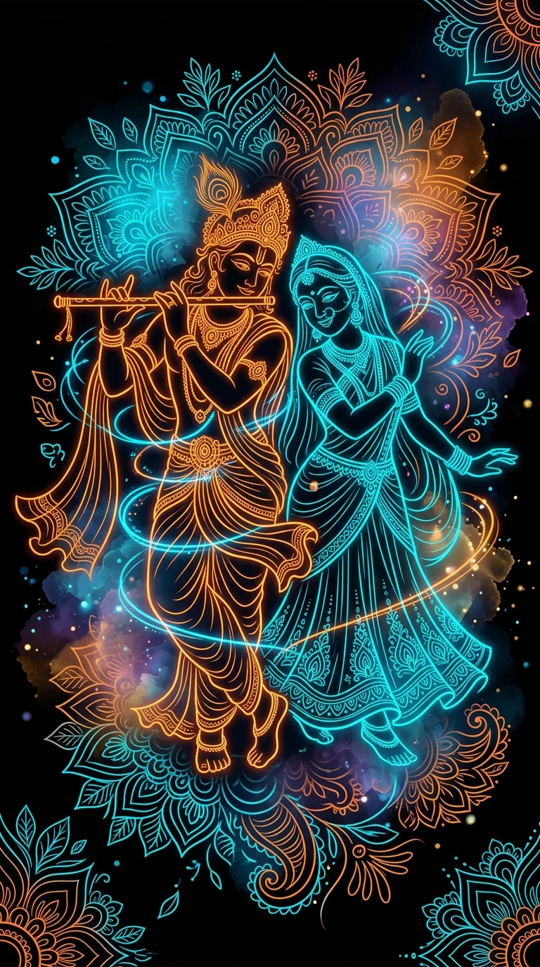 Stylized Illustration of Radha and Krishna Dancing on a Black Background - Free 4K mobile Wallpaper