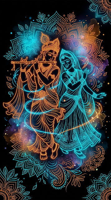 Stylized Illustration of Radha and Krishna Dancing on a Black Background - Free mobile Wallpaper