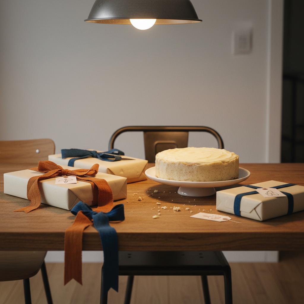 Nahaufnahme eines Esstisches mit Geschenkboxen, schlichter Vanilletorte, Bändern und Anhängern in warmer, leicht-industrieller Atmosphäre – ideen 18. geburtstag
