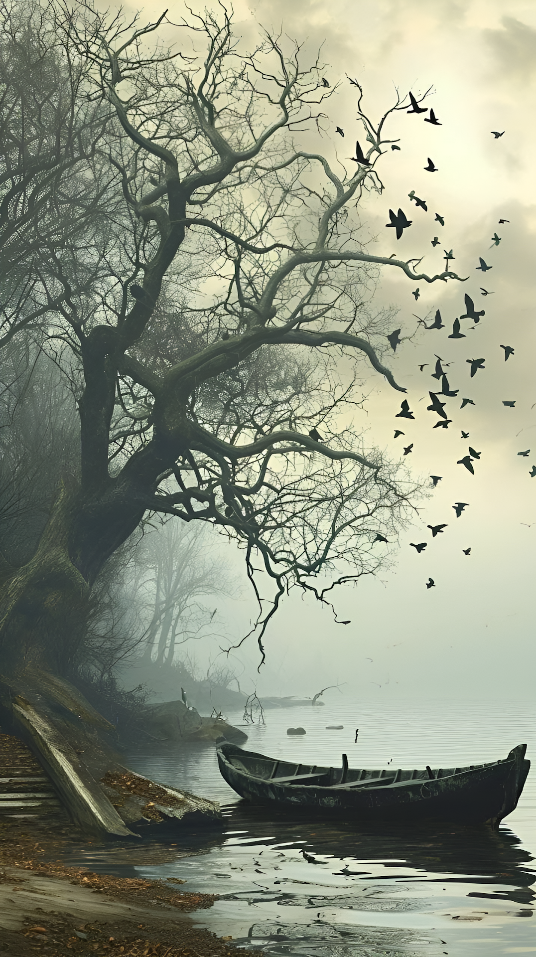 Atmospheric Gothic Lake Scene with Crows and Old Boat - Free 4K mobile Wallpaper