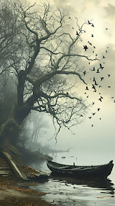 Atmospheric Gothic Lake Scene with Crows and Old Boat