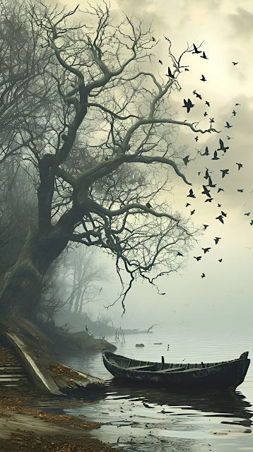Atmospheric Gothic Lake Scene with Crows and Old Boat - Free mobile Wallpaper
