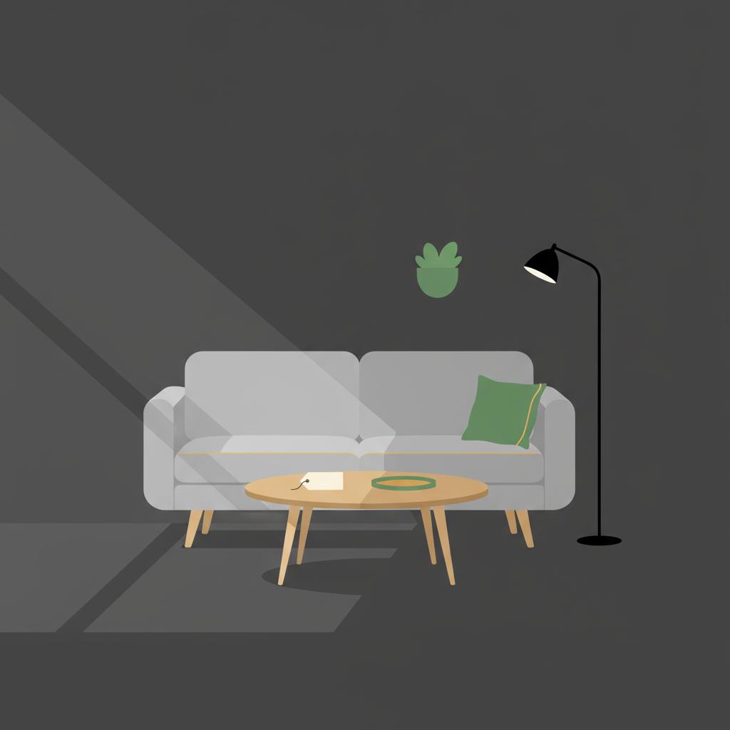 Minimalist 2D vector rental living room interior with neutral tones tasteful furniture and a small price tag on coffee table brand accents green 4aa568 and gold e6bb5b make $2000 a month