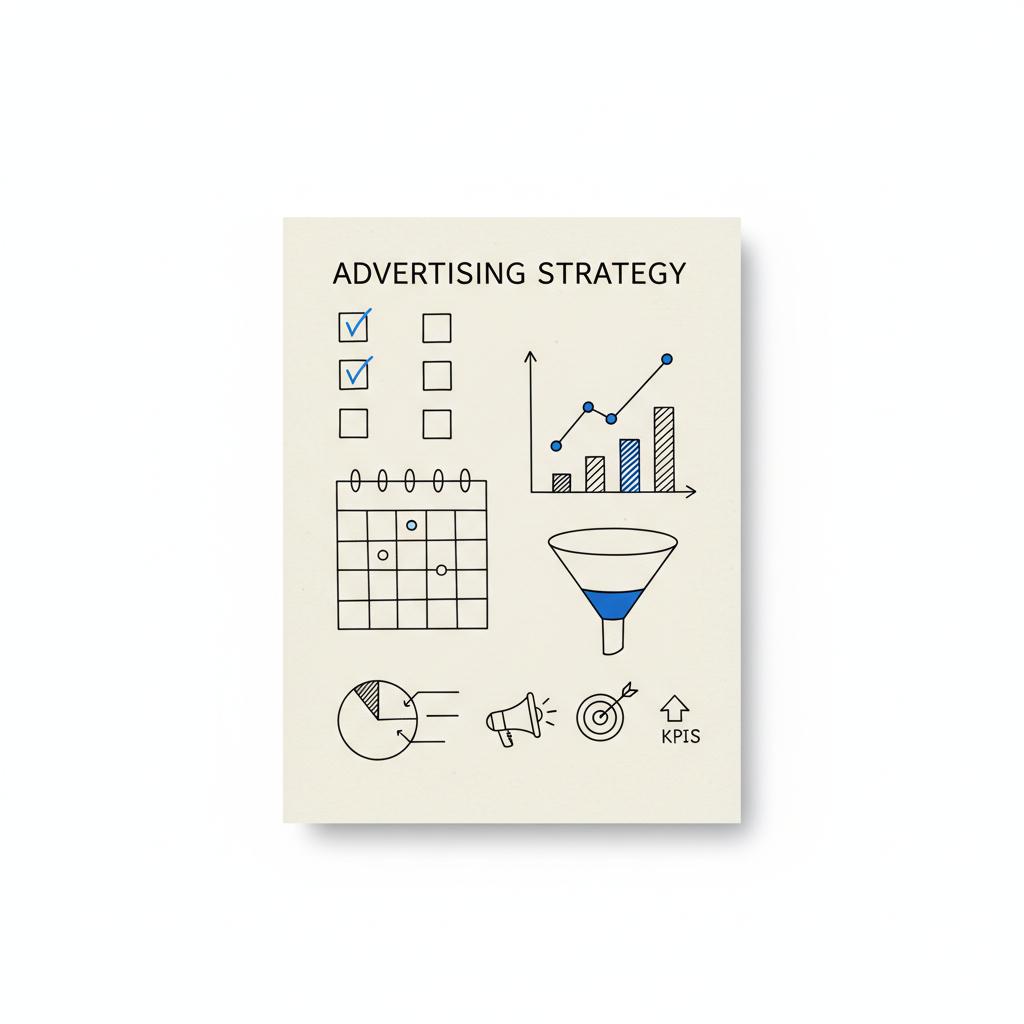 Minimalist vector flat‑lay of a strategy notebook showing checklists, a 4‑week hand‑drawn calendar and simple performance graphs for cost of advertising on TikTok.