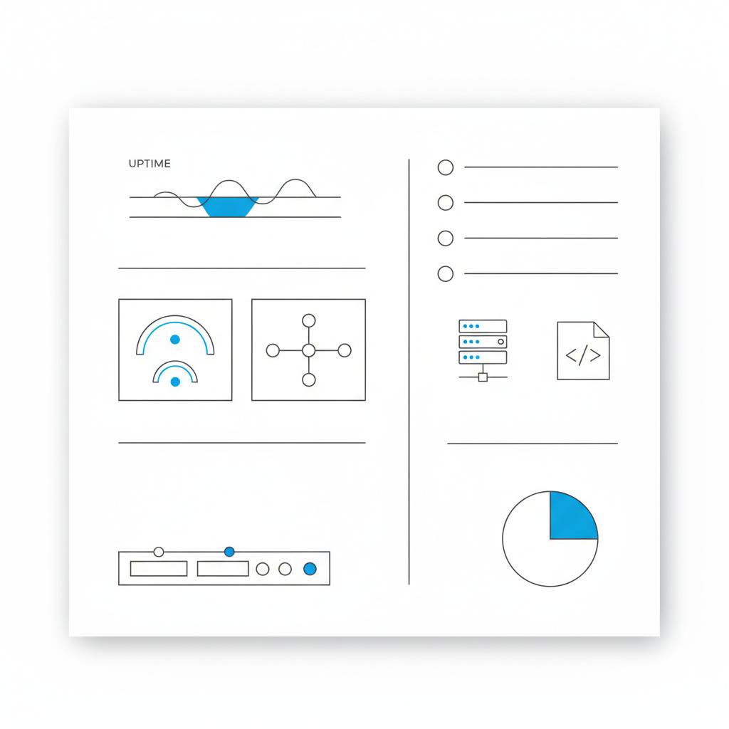 Overhead 2D vector planning spread with monitoring dashboards, uptime chart, checklist icons, server and budget sketches in Agency Visible colors illustrating website maintenance cost planning.