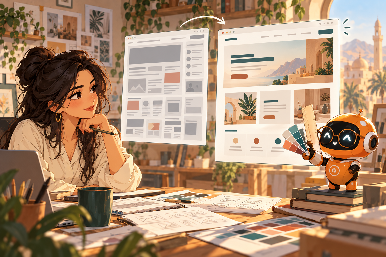 رسم أنيمي يوضح مقارنة واجهة مزدحمة بواجهة متوازنة في الألوان والمسافات