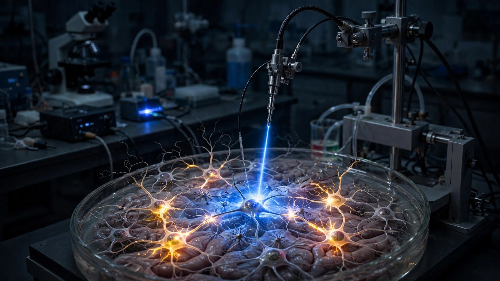Laboratory illustration of an optical fiber delivering blue light to living brain tissue in an optogenetics experiment