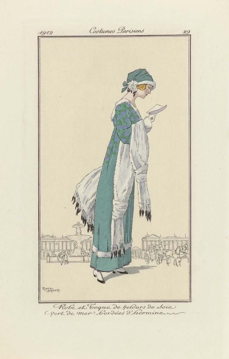 Robe de promenade en Sarah à damiers et taffetas peint à la main bordée de velou