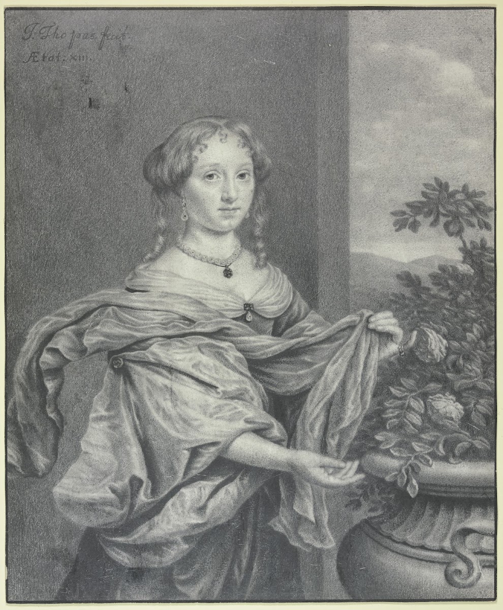 Portrait of a 13 year old girl with a large vase with roses ca 1675 1680