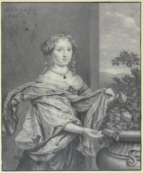 Portrait of a 13 year old girl with a large vase with roses ca 1675 1680