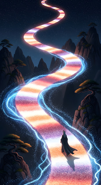 Winding Path of Starlight and Magic in Dark Mountains - Free mobile Wallpaper
