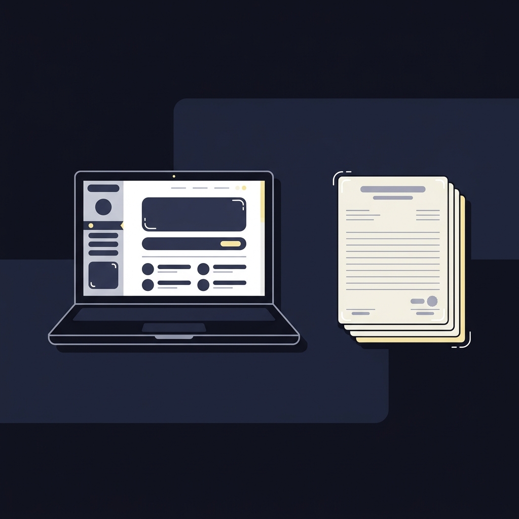 Minimal 2D vector illustration of a laptop showing a simplified athletics department web page next to a neat stack of academic transcripts on a dark branded background american football tips