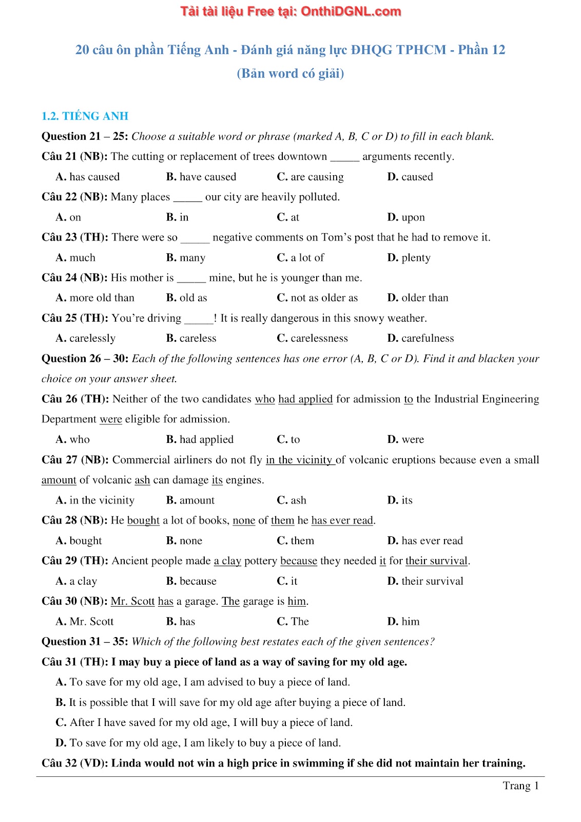 800 bài tập môn Tiếng Anh - Ôn thi ĐGNL ĐHQG TP HCM Phần 12