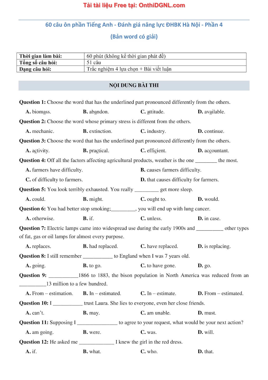 660 bài tập môn Tiếng Anh - Ôn thi ĐGNL ĐHBK Hà Nội Phần 4