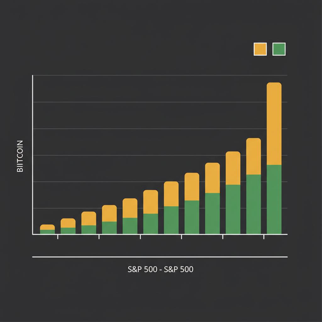Minimalist 2D vector grouped bar chart comparing crypto stocks Bitcoin growth versus sp500 over ten years on dark background with green and gold bars