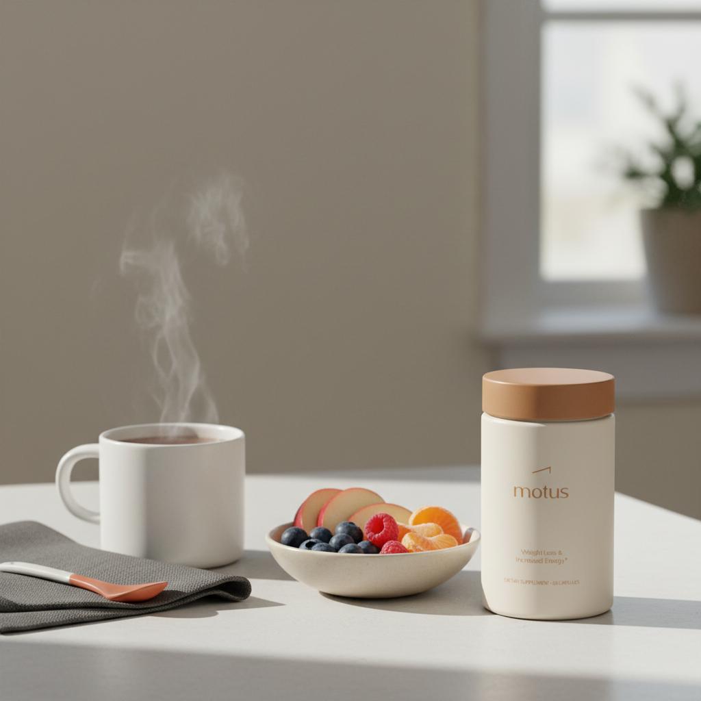 Motus supplement bottle beside a bowl of fresh fruit and herbal tea in a minimalist kitchen scene, illustrating berberine dosage for weight loss.