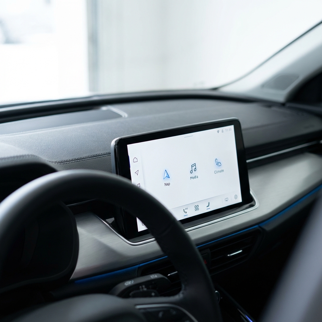 Audi Q3 for sale interior close up showing dashboard and center infotainment screen with premium materials minimalist white background and blue accents