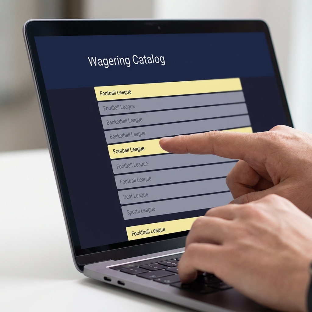 Close up laptop screen showing regulator wagering catalog page with a person pointing to a listed sport clean minimal Funded Plays UI demonstrating how to legally bet on sports online