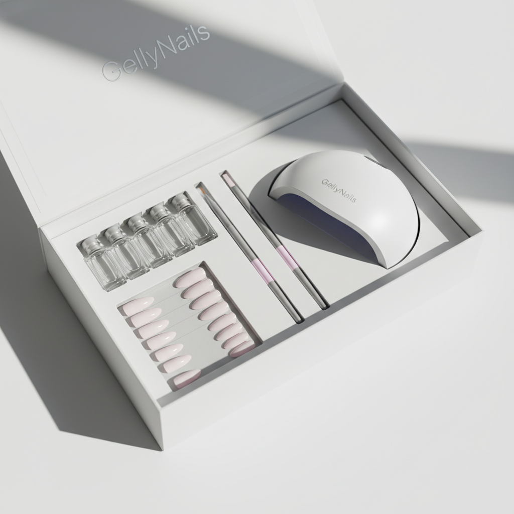 Nahaufnahme des geordneten GellyNails Starter Kit auf weißem Hintergrund mit Fläschchen, Pinseln, Soft‑Gel‑Tips und kompakter UV/LED‑Lampe.