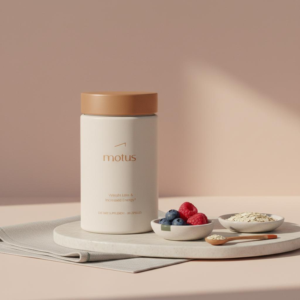 Motus supplement bottle beside two ceramic dishes with berries and a spoonful of oats on a pale #F2E5D5 background, minimalist morning routine scene featuring berberine hcl