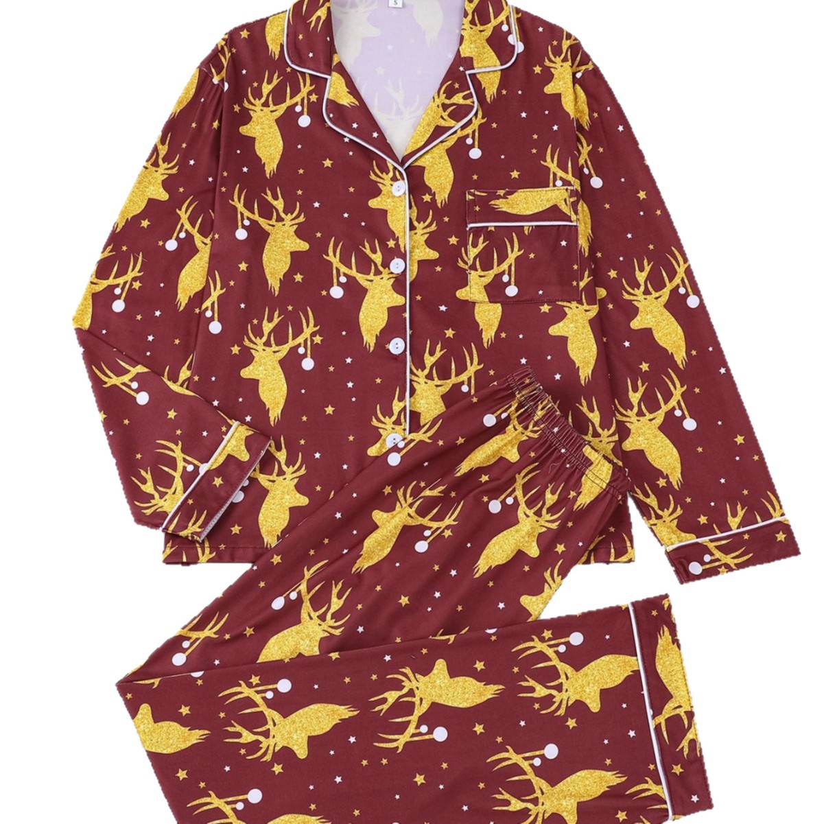 Women's loungewear, long-sleeved, with gold reindeer print