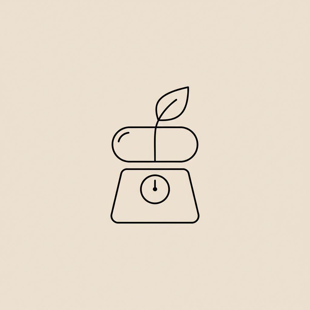 Minimalist line illustration of a capsule, small leaf, and stylized weighing scale on beige background representing leptin supplements and weight management