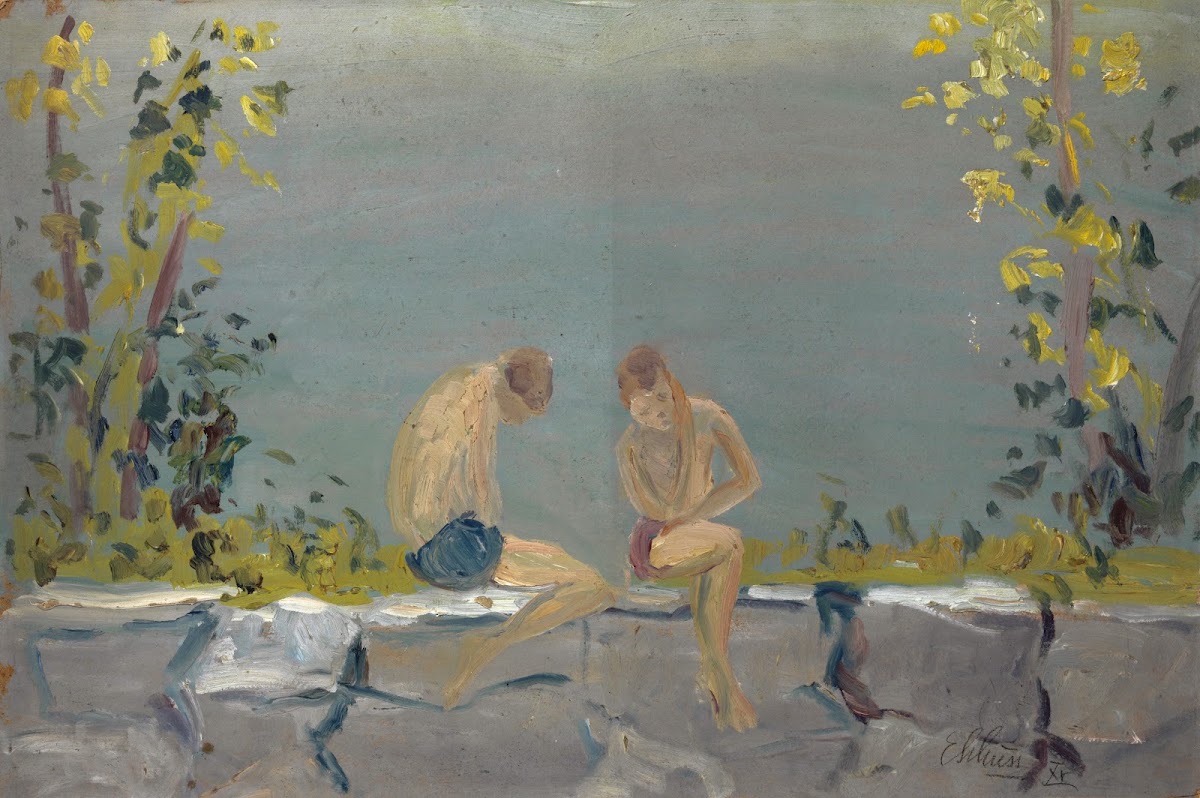 Bathing Boys on a Wall at a Lake 1915