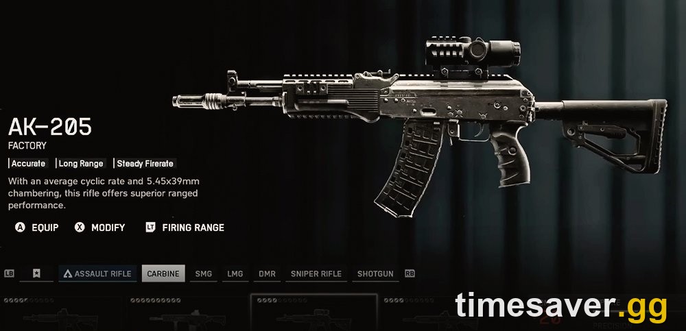 Battlefield 6 AK-205 carbine on the weapon select screen showing its Accurate, Long Range and Steady Firerate tags