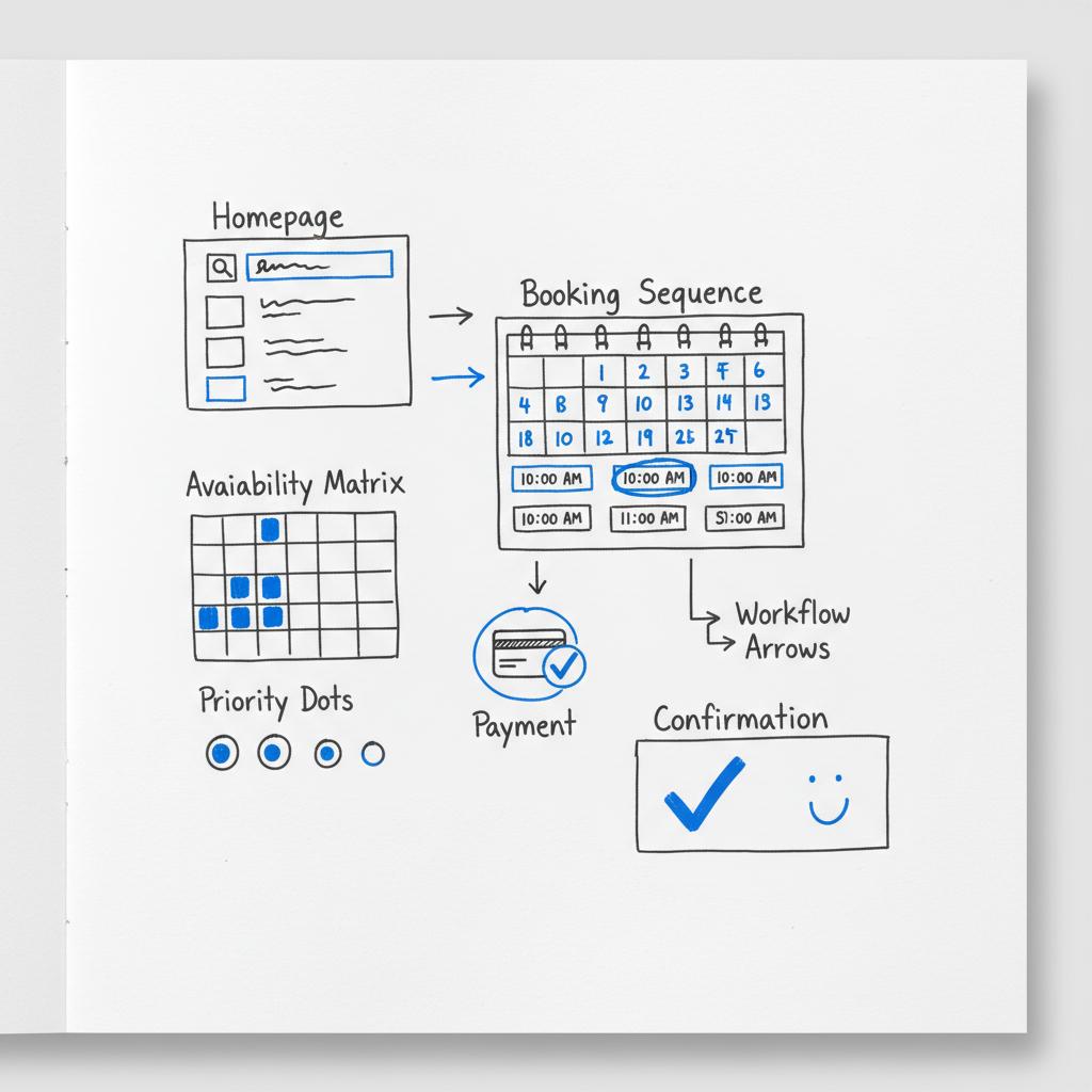 Overhead sketch of a service booking flow on a white notebook page with arrows from homepage to calendar slots and payment icons &mdash; website builders for service businesses