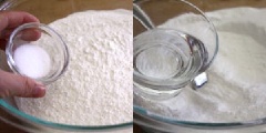 Cho 350gr bột gạo và 10g muối vào 1 cái tô lớn sau đó cho từ từ 360ml nước lọc vào hỗn hợp bột gạo.