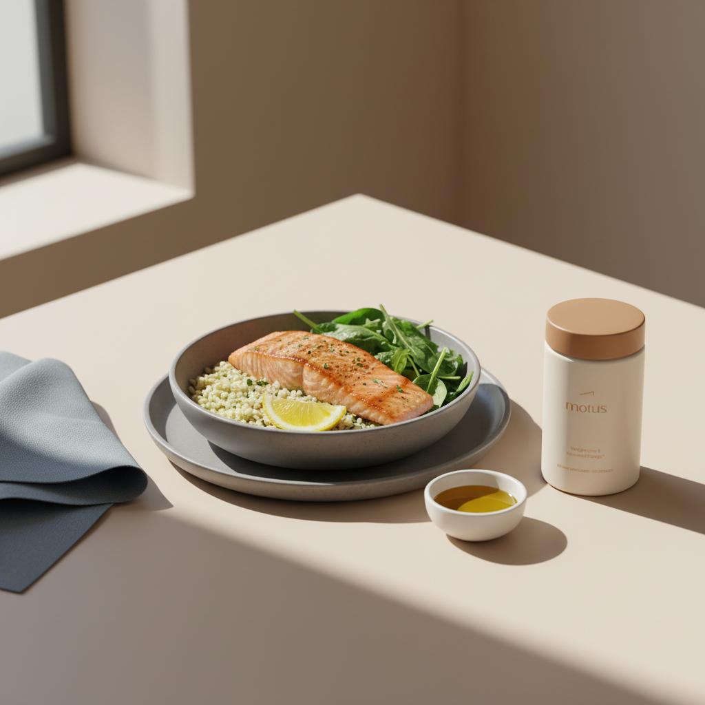 Minimalist lunch bowl with grilled salmon over barley and greens beside Tonum Motus supplement jar on a tidy table — how to stop feeling hungry