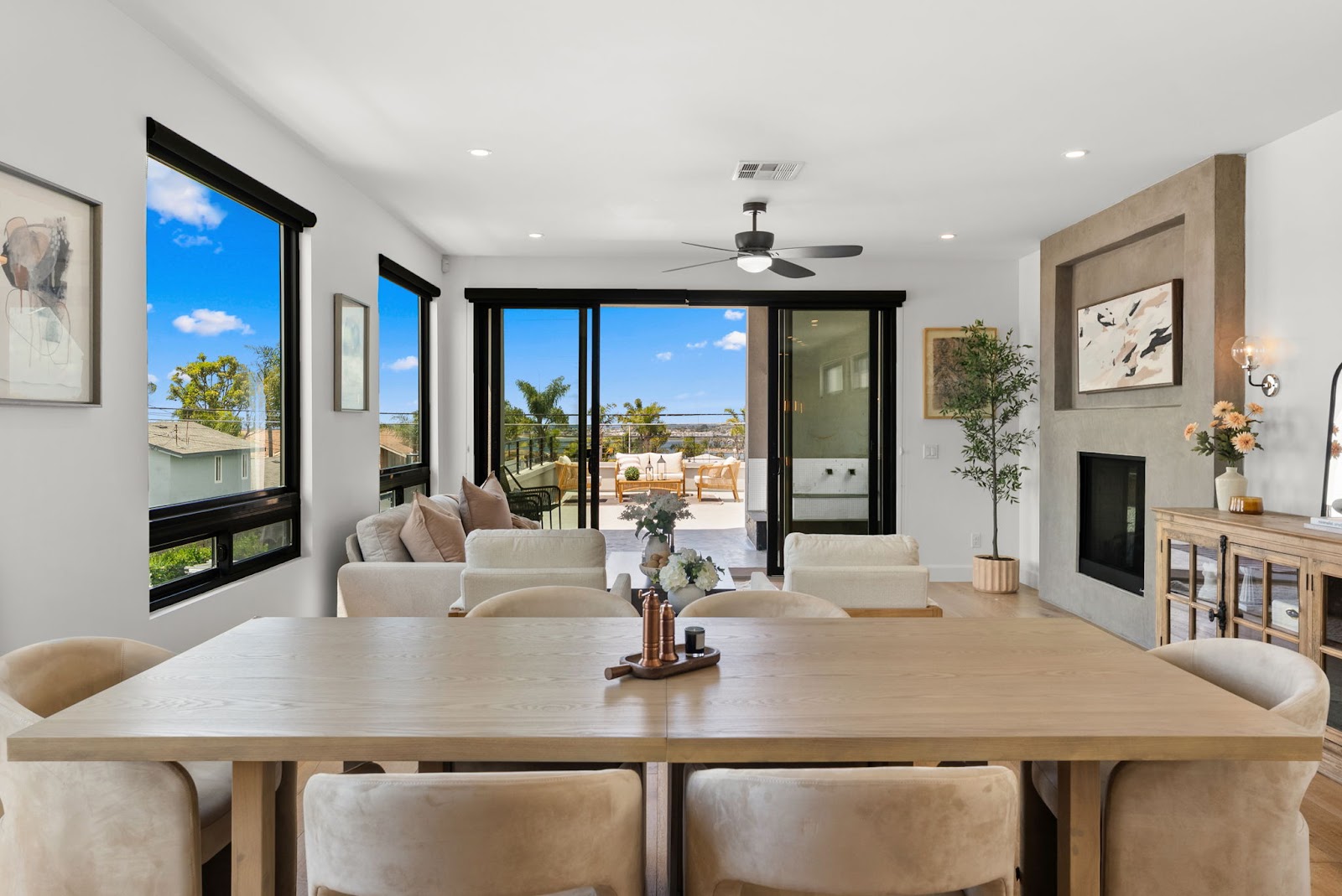 Dining and great room with bay views
