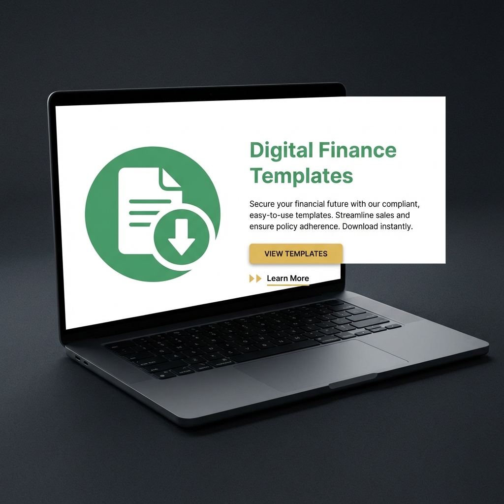 Minimalist close up of a sales page mockup and a digital product icon in Finance Police brand colors representing generate passive income online