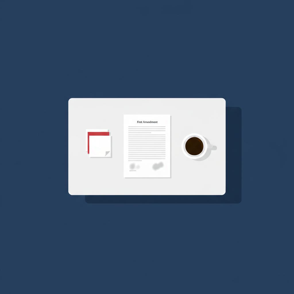 Top down minimalist vector of a community meeting table with a non readable First Amendment document sticky notes one in accent color which amendment is freedom of belief