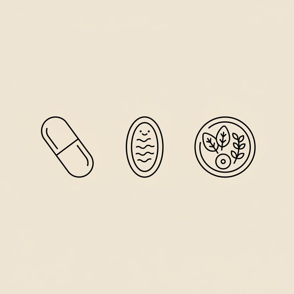Minimal Tonum-style line illustration of a capsule, stylized mitochondrion, and small plate of vegetables on beige background, representing alpha lipoic acid