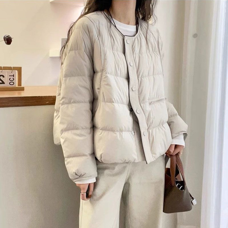Women's down jacket with round neckline and button placket
