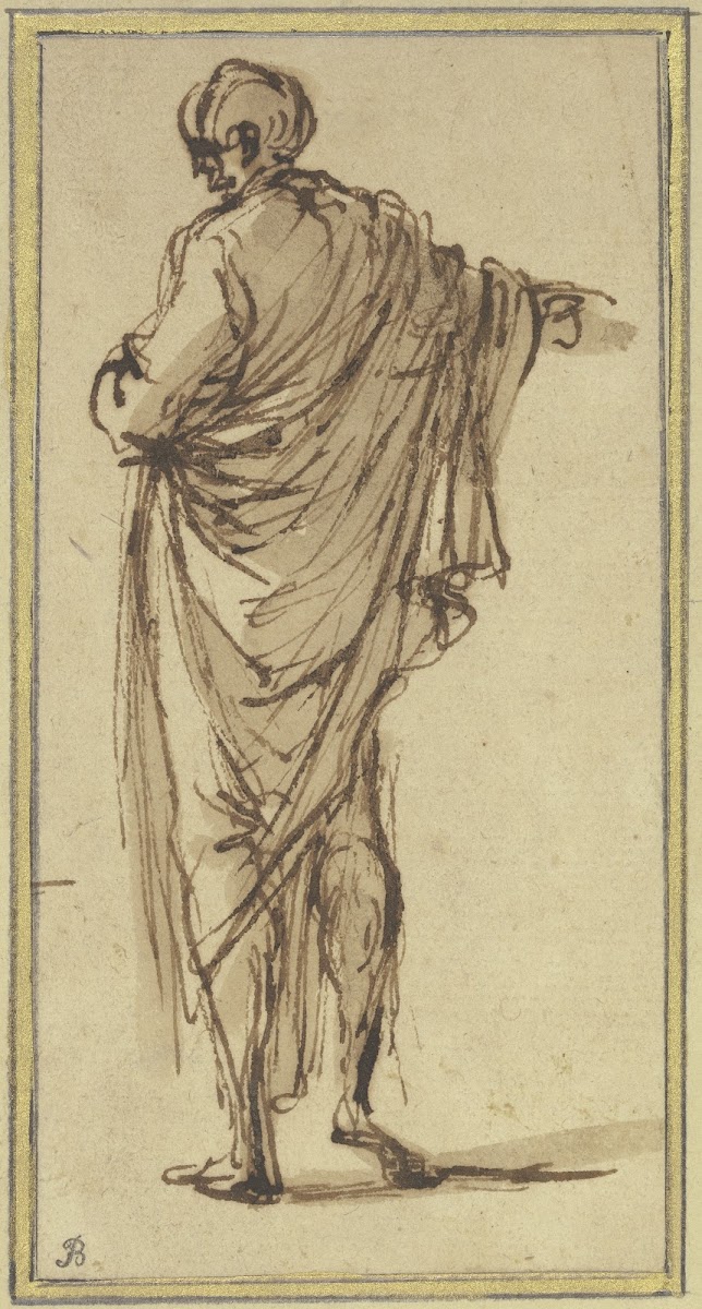 A man seen from the rear points to the right ca 1662