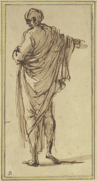A man seen from the rear points to the right ca 1662