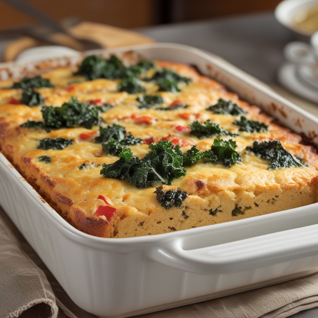 Final Smoky Gouda & Kale Cornbread Strata with Roasted Red Peppers