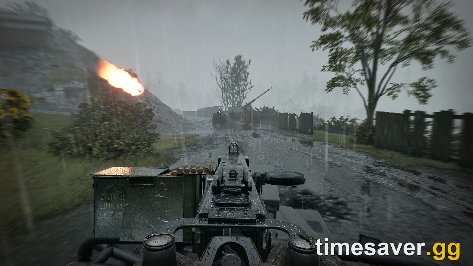 WARDOGS mounted gunner driving through heavy rain past a burning vehicle on a flooded dirt road