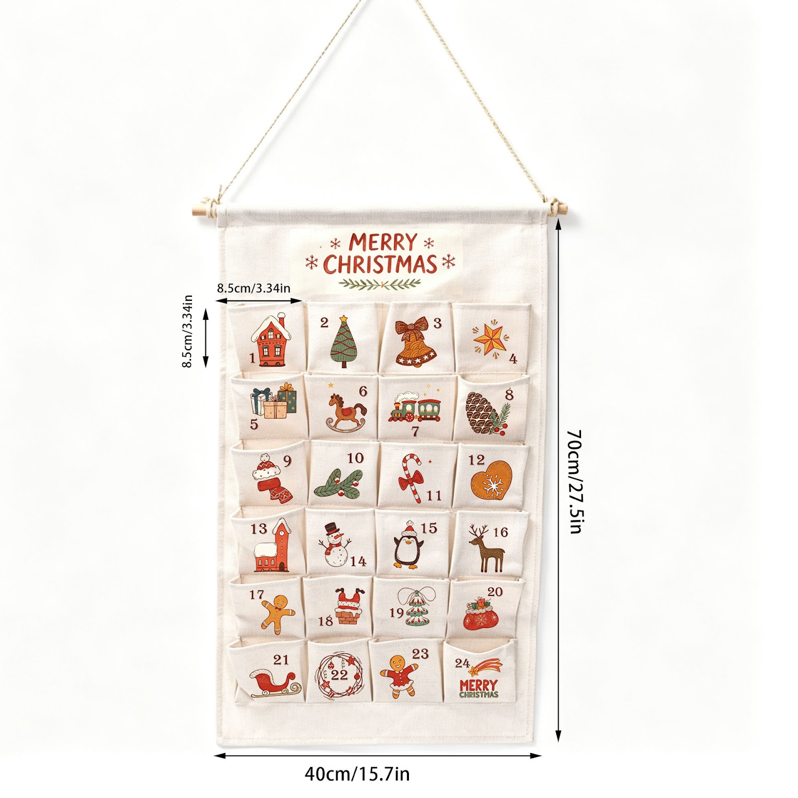 Christmas Advent Calendar made of fabric with 24 pockets