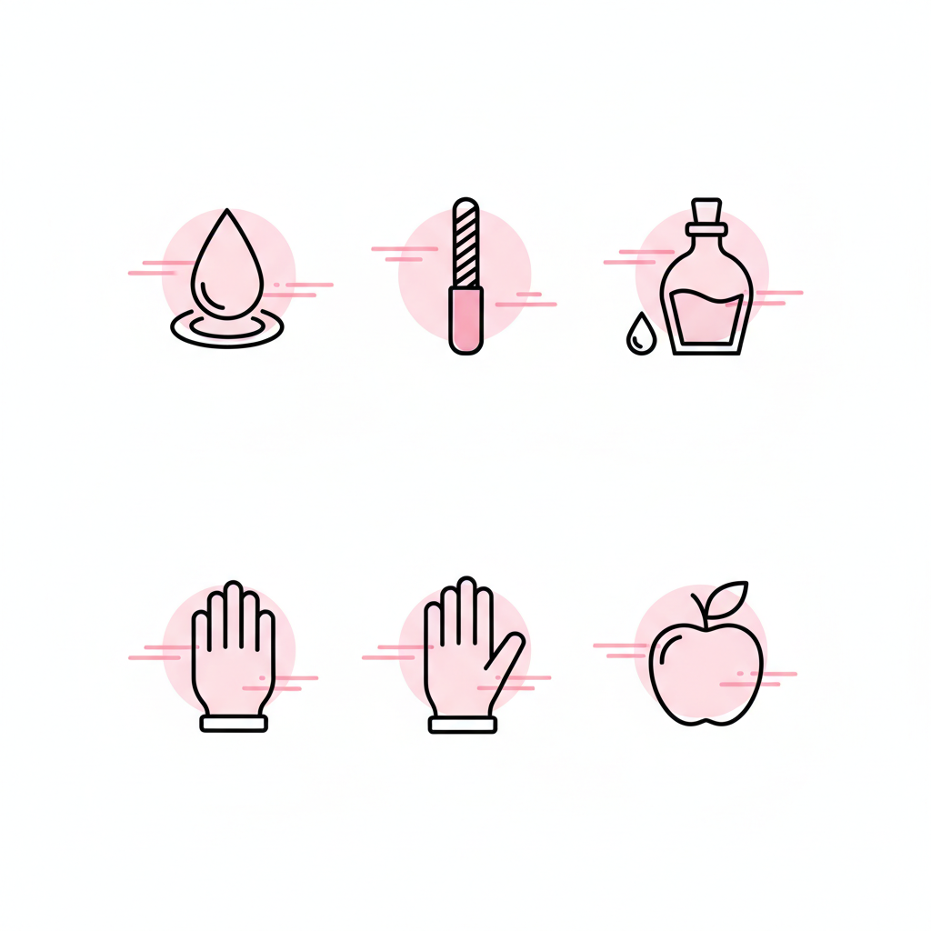 Minimalistische 2D-Vektor-Infografik mit fünf Icons (Wasser, Feile, Öl, Handschuh, Nahrung) in NailX-Farben für Nagelpflege.
